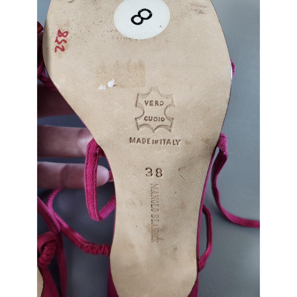 Manolo Blahnik Pink Suede Lace-Up Stiletto Sandals Strappy Wrap Heels Size 38/8 - Picture 7 of 8
